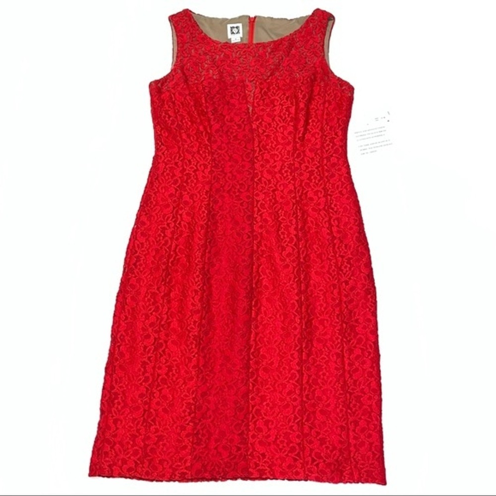 Anne Klein Red Floral Lace Sleeveless Sheath Dress Size 6 Round Neck New